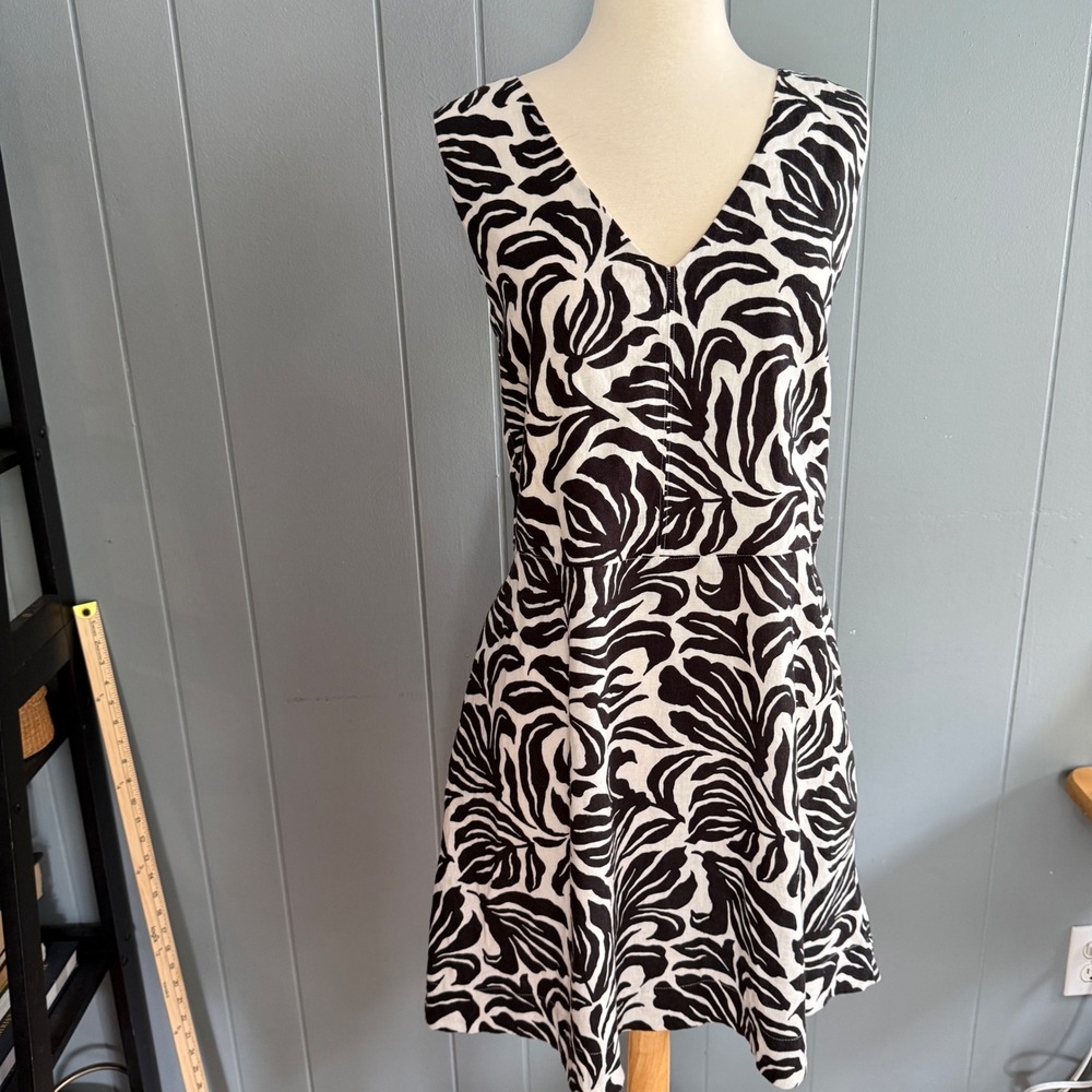 Nicole Miller NY Women Linen Blend Mini Dress XL Black White Botanical Print NWT